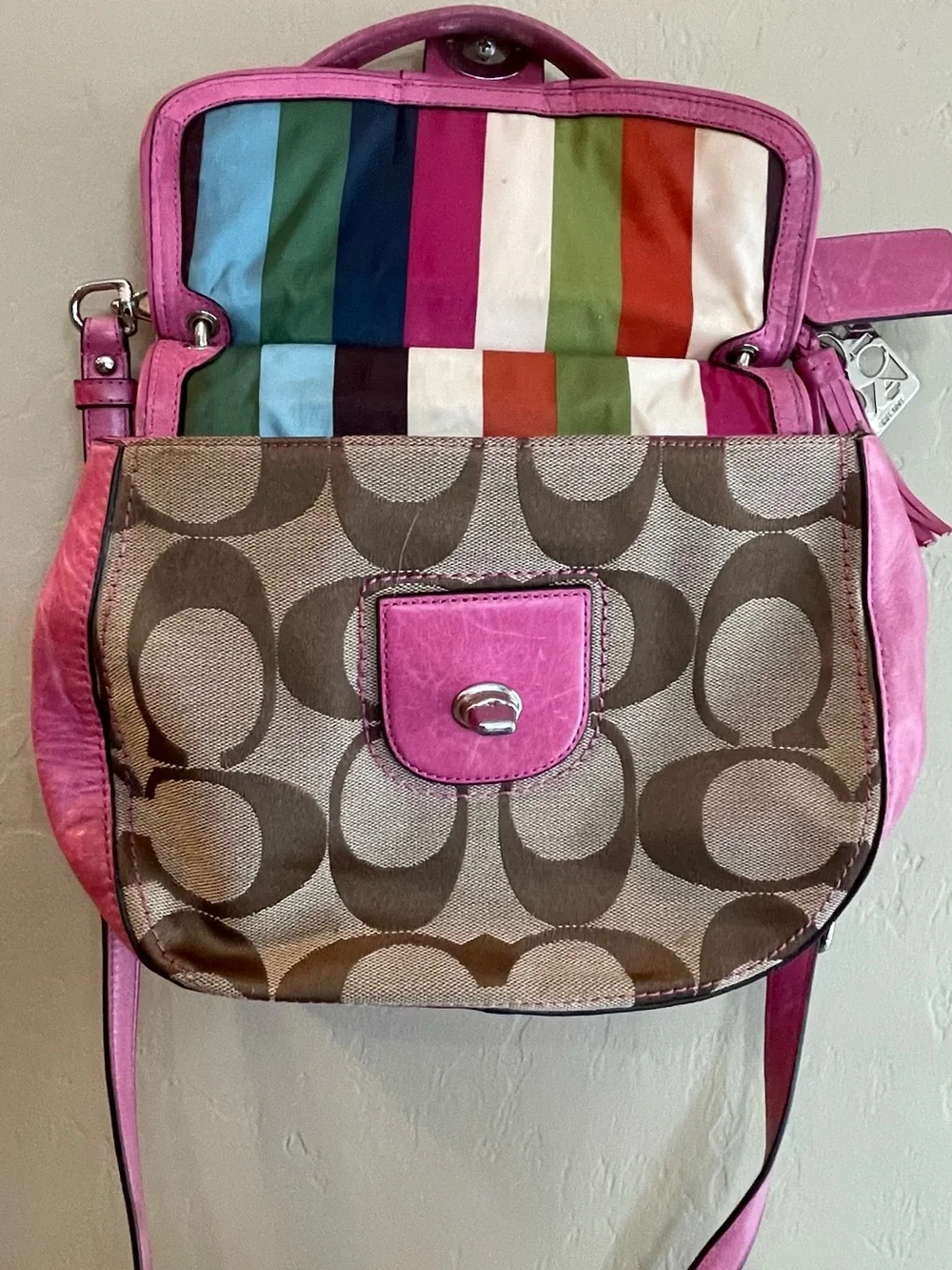 Coach Pink 70th anniversary Signature Canvas leather Crossbody Stripe Lining
